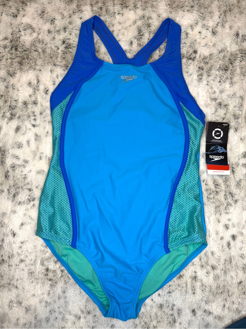 NWT Speedo Mesh Thick Strap One Piece Swimsuit Girls Size 16 Aqua/Green/Blue